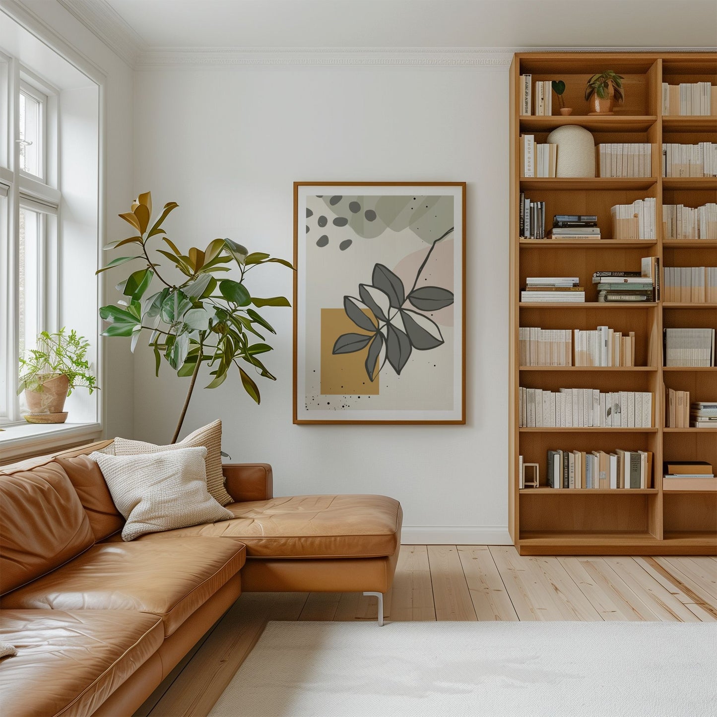 Layered Leaves botanisk plakat i stue med brun skinnsofa og bokhylle
