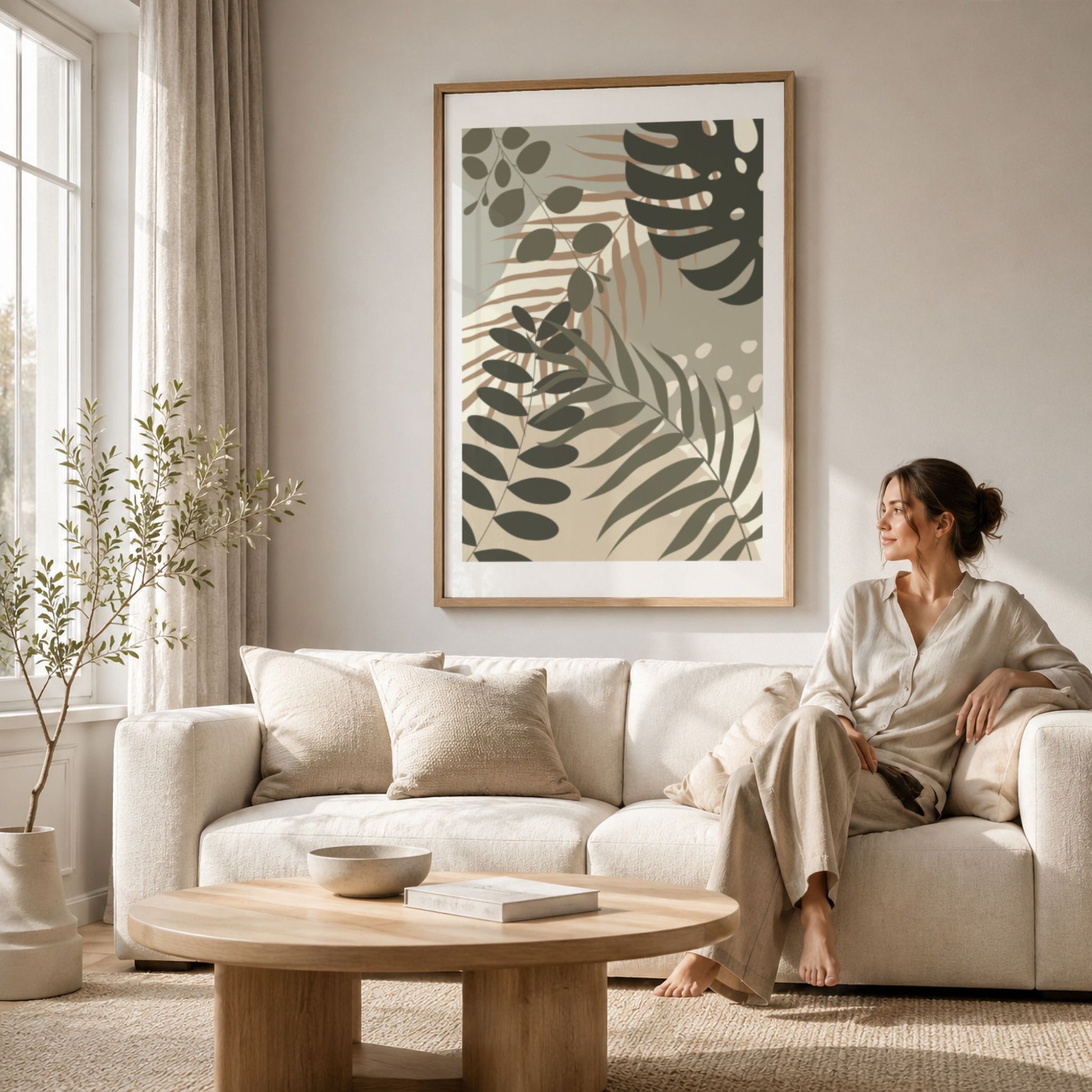 Layered Tropics grafisk botanisk plakat i eikeramme over lys sofa i moderne stue