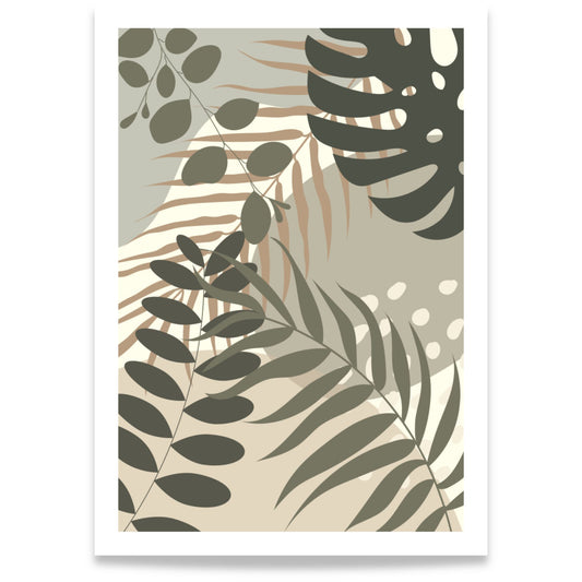 Layered Tropics grafisk plakat med lagdelte tropiske blader i grønne, beige og kremfargede toner