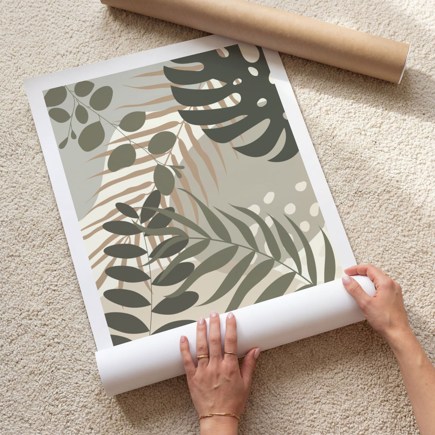 Layered Tropics plakat med lagdelte tropiske bladformer i olivengrønt, beige og krem
