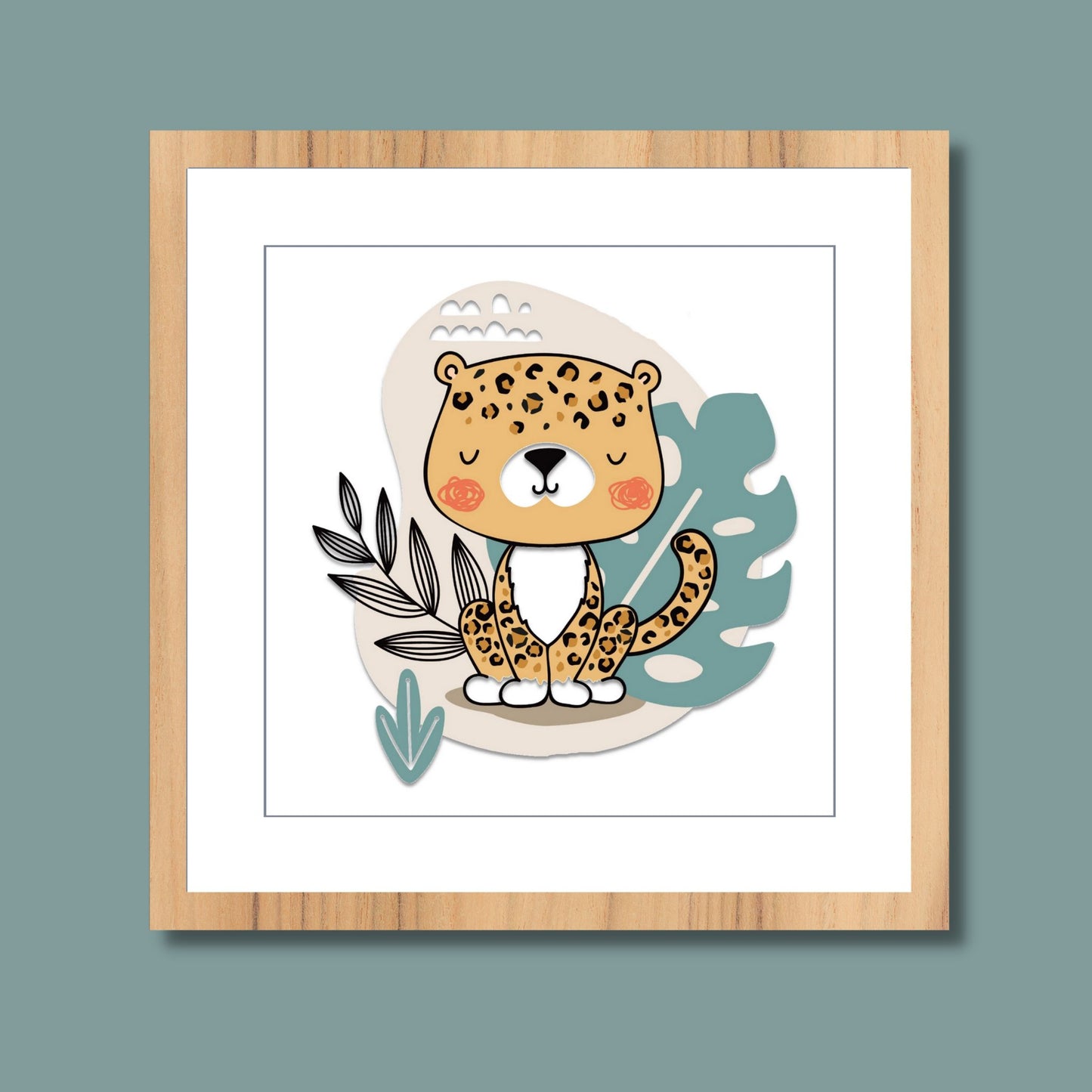 Leopard barneplakat med jungelmotiv presentert i eikeramme
