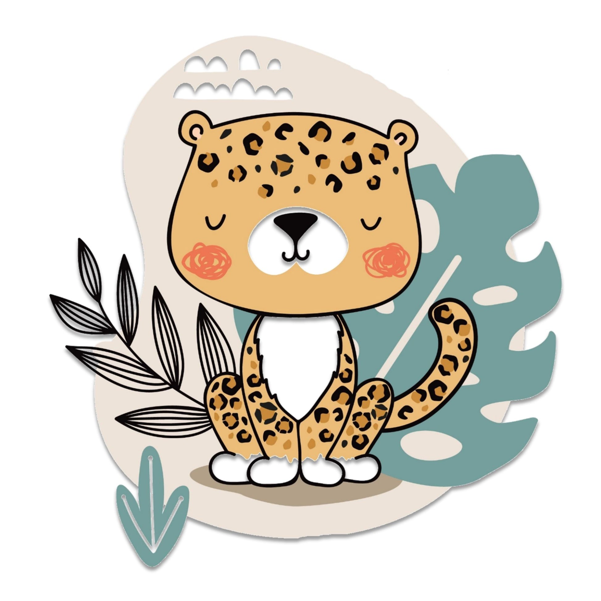 Leopard barneplakat med palmer og blader i varme naturfarger