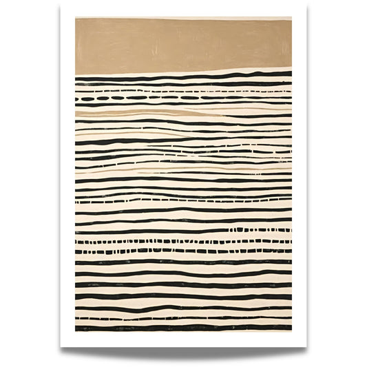 Linear Harmony abstrakt kunstplakat med grafiske linjer i sort og beige