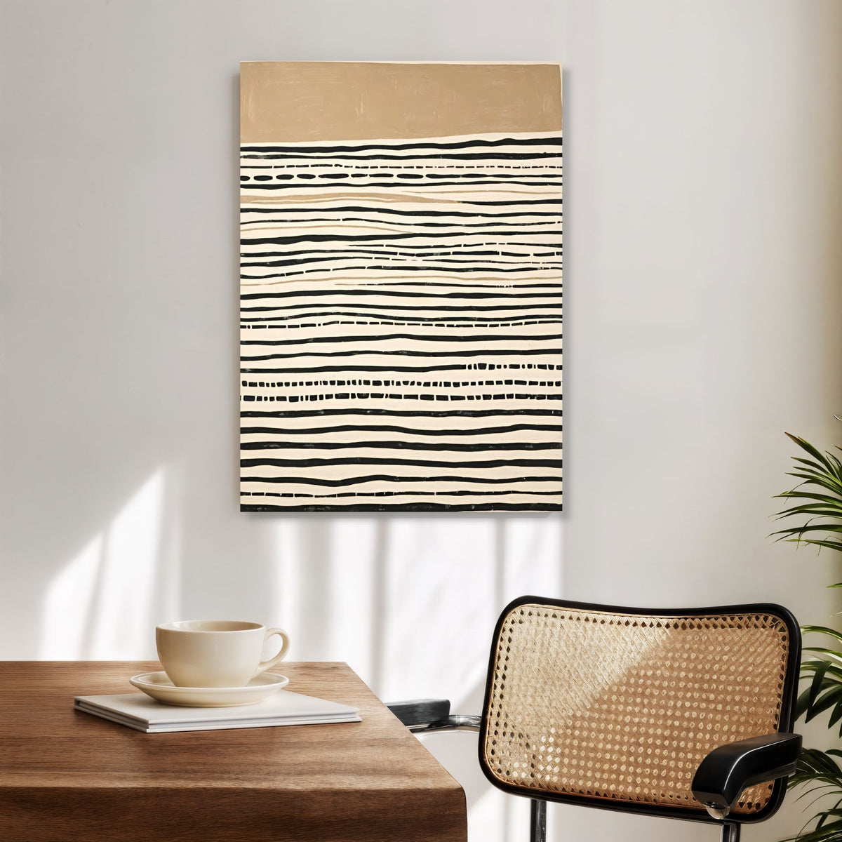 Linear Harmony lerretsbilde i beige og sort i moderne interiør