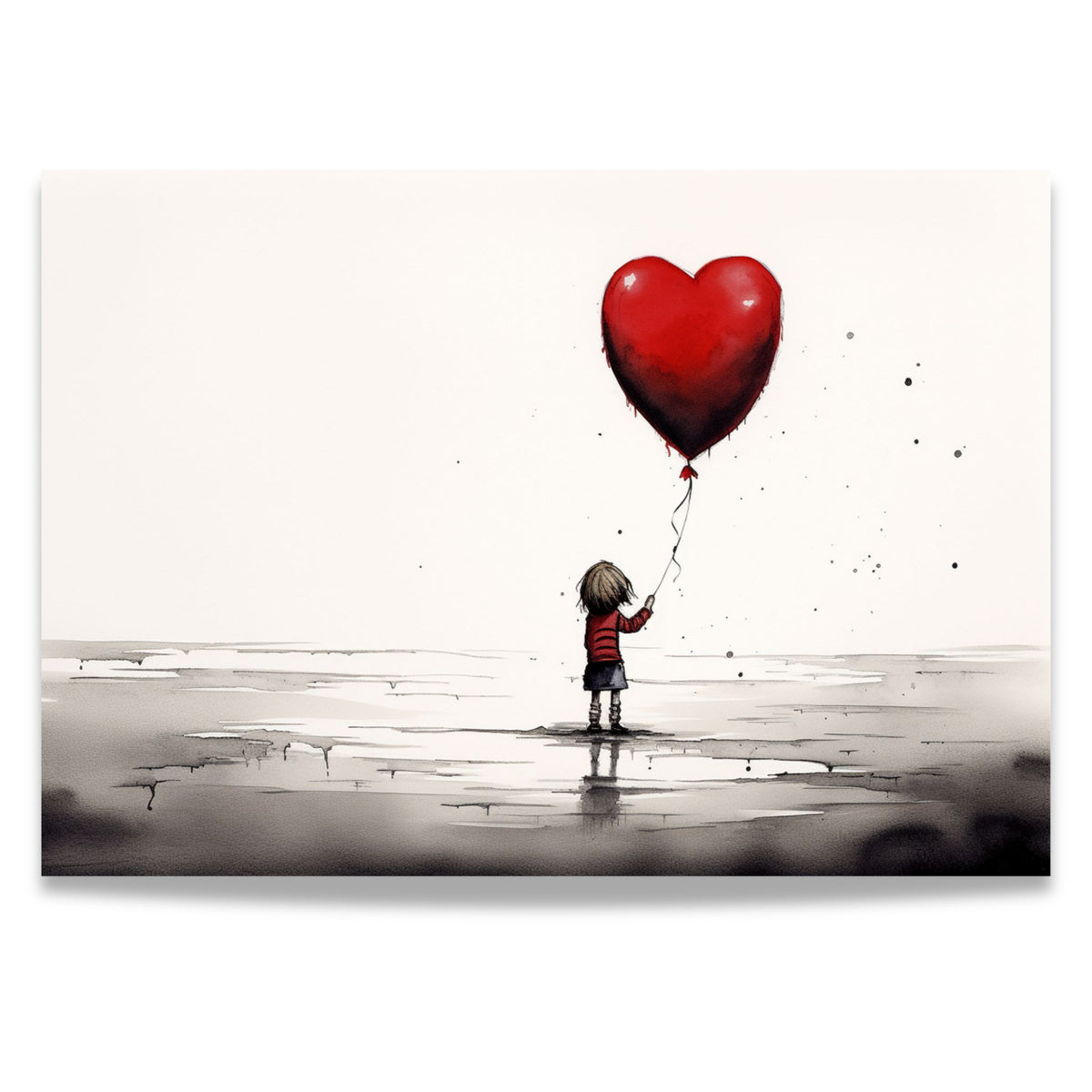 Little Heart akvarellplakat med liten skikkelse og rød hjerteballong. Format 30x21 uten kant