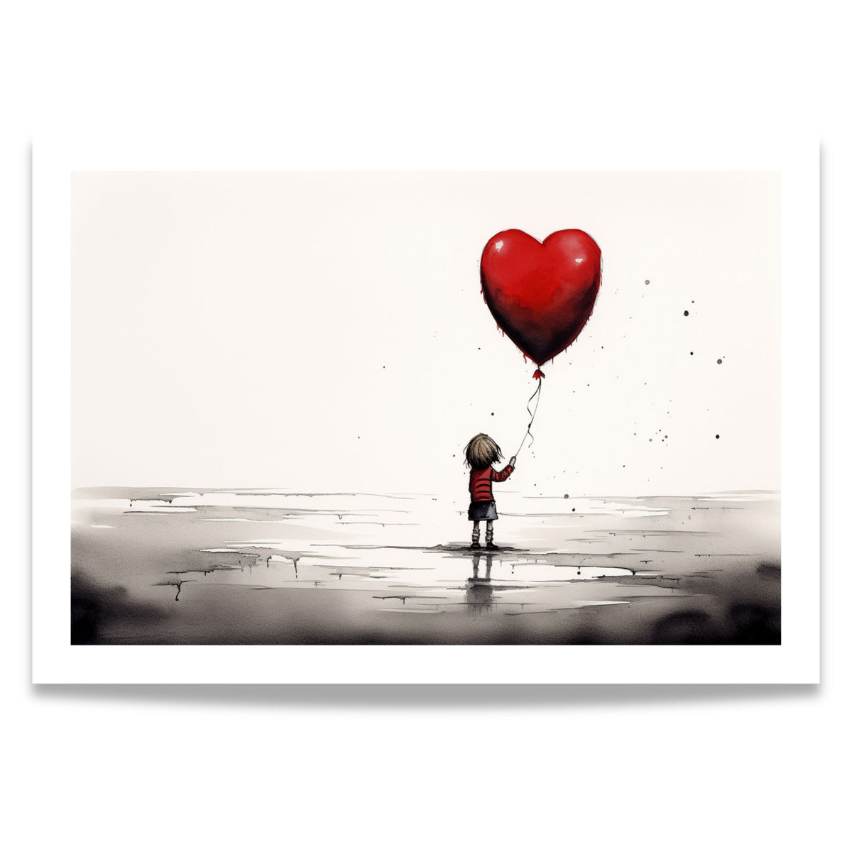 Little Heart akvarellplakat med liten skikkelse og rød hjerteballong. Format 30x21