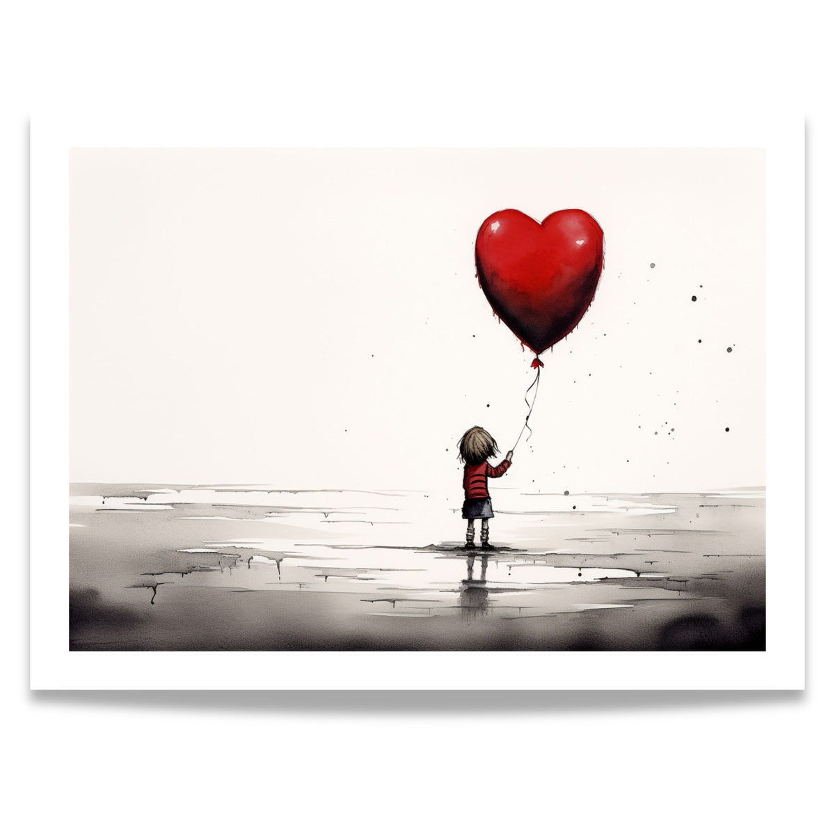 Little Heart akvarellplakat med liten skikkelse og rød hjerteballong. Format 40x30