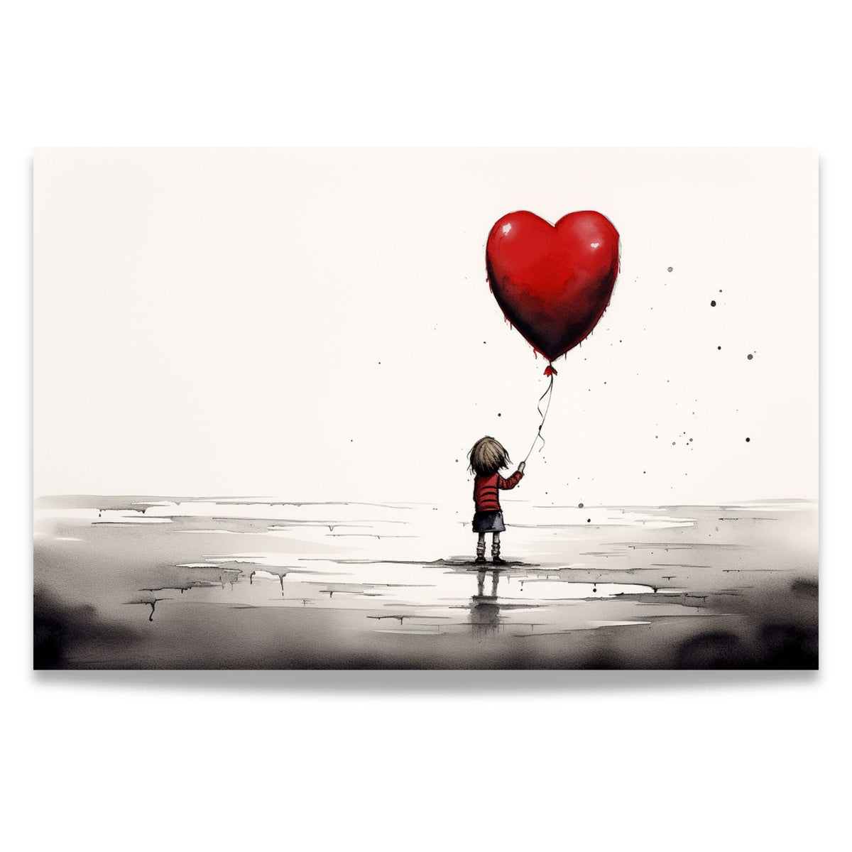 Little Heart akvarellplakat med liten skikkelse og rød hjerteballong. Format 60x40 uten kant
