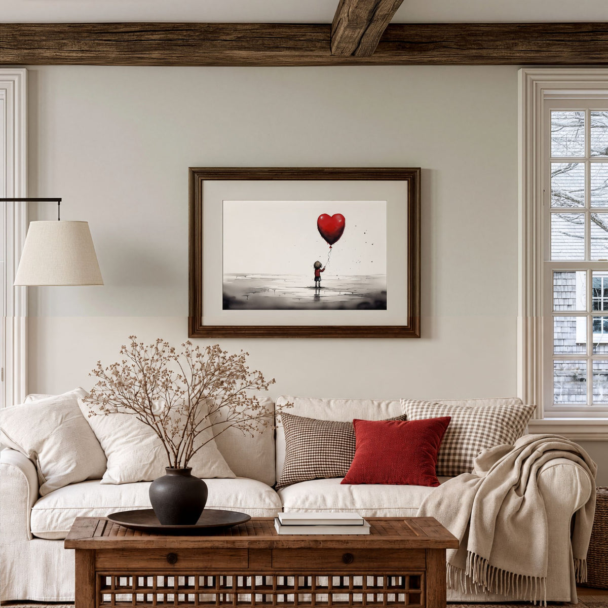 Little Heart akvarellplakat med rød hjerteballong over sofa i lys stue
