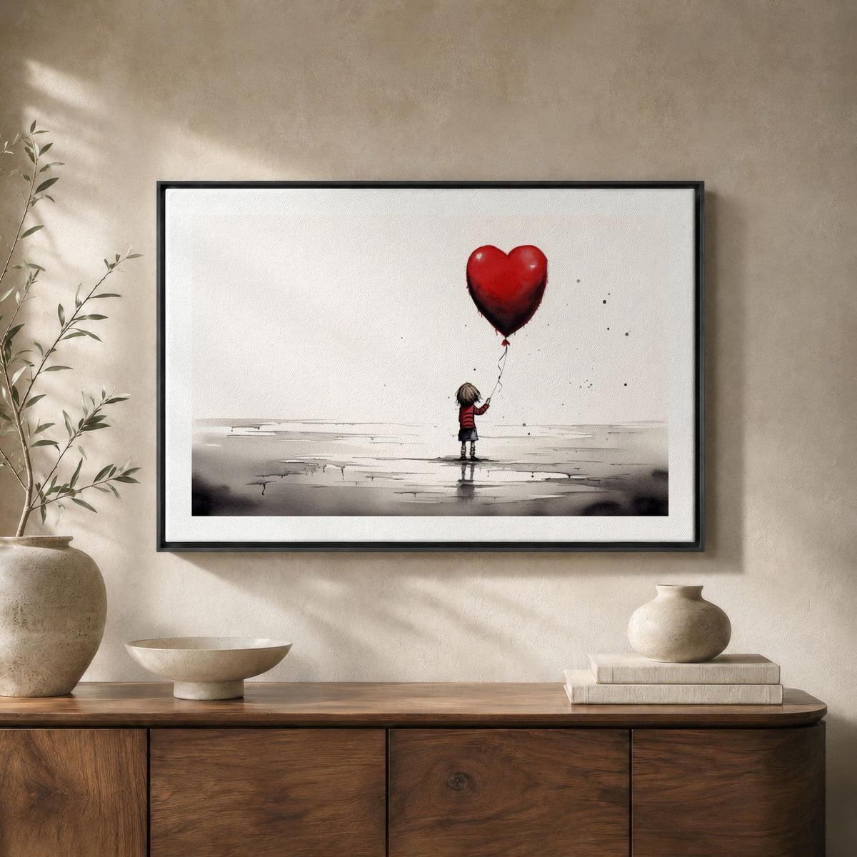 Little Heart hjerteplakat med rød ballong over skjenk i varmt interiør