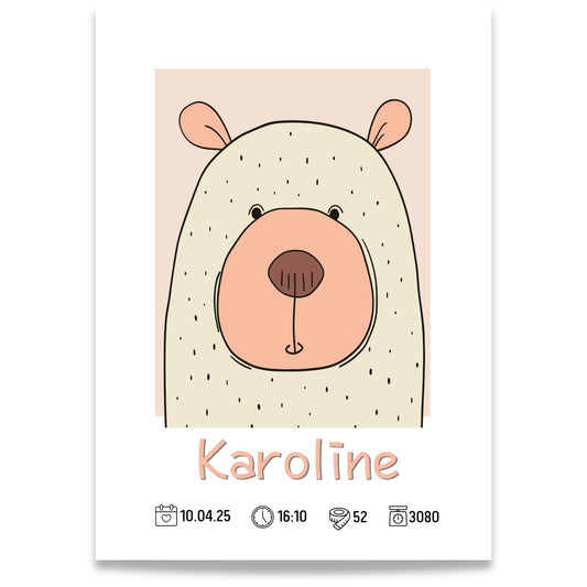 Personlig fødselsplakat med bjørn og navn samt fødselsdata