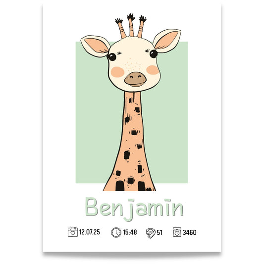 Personlig fødselsplakat med giraff og navn samt fødselsdato og detaljer
