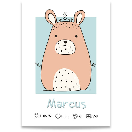 Personlig fødselsplakat med skogsdyr og navn samt fødselsdata