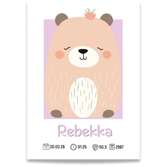 Sovende bjørn personlig fødselsplakat med navn og fødselsdata