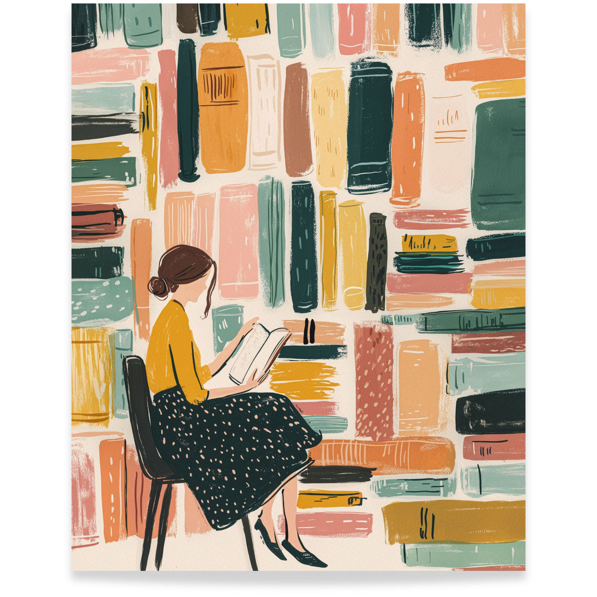 Lost in the Library kunstplakat med lesende kvinne omgitt av fargerike bøker. Format 40x50