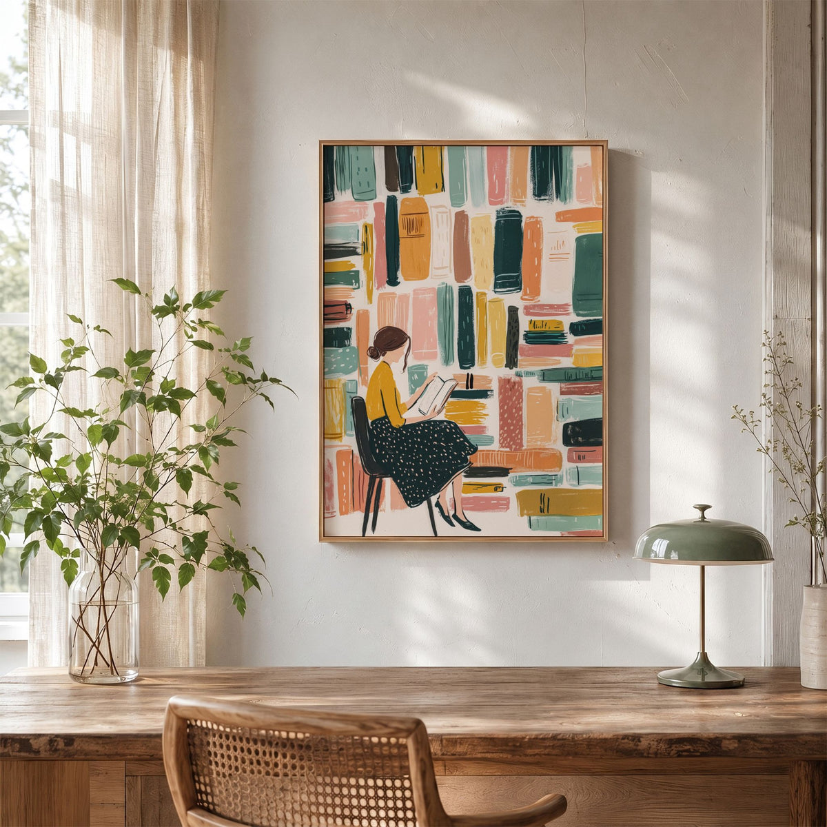 Lost in the Library bokplakat over skrivebord i lyst interiør med treverk