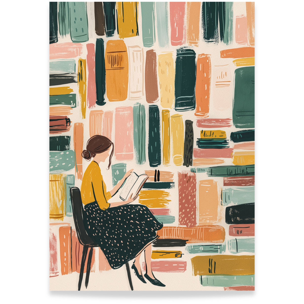Lost in the Library kunstplakat med lesende kvinne omgitt av fargerike bøker