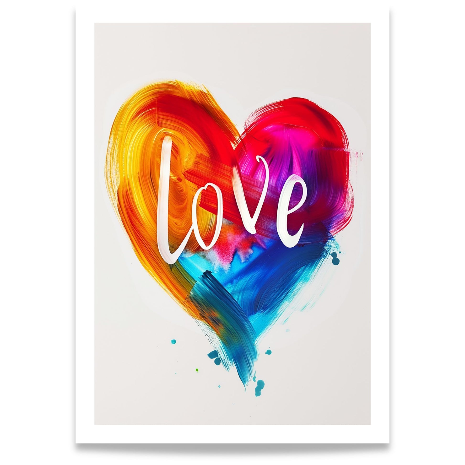 Love in Color hjerteplakat med fargerikt håndmalt hjerte og teksten Love