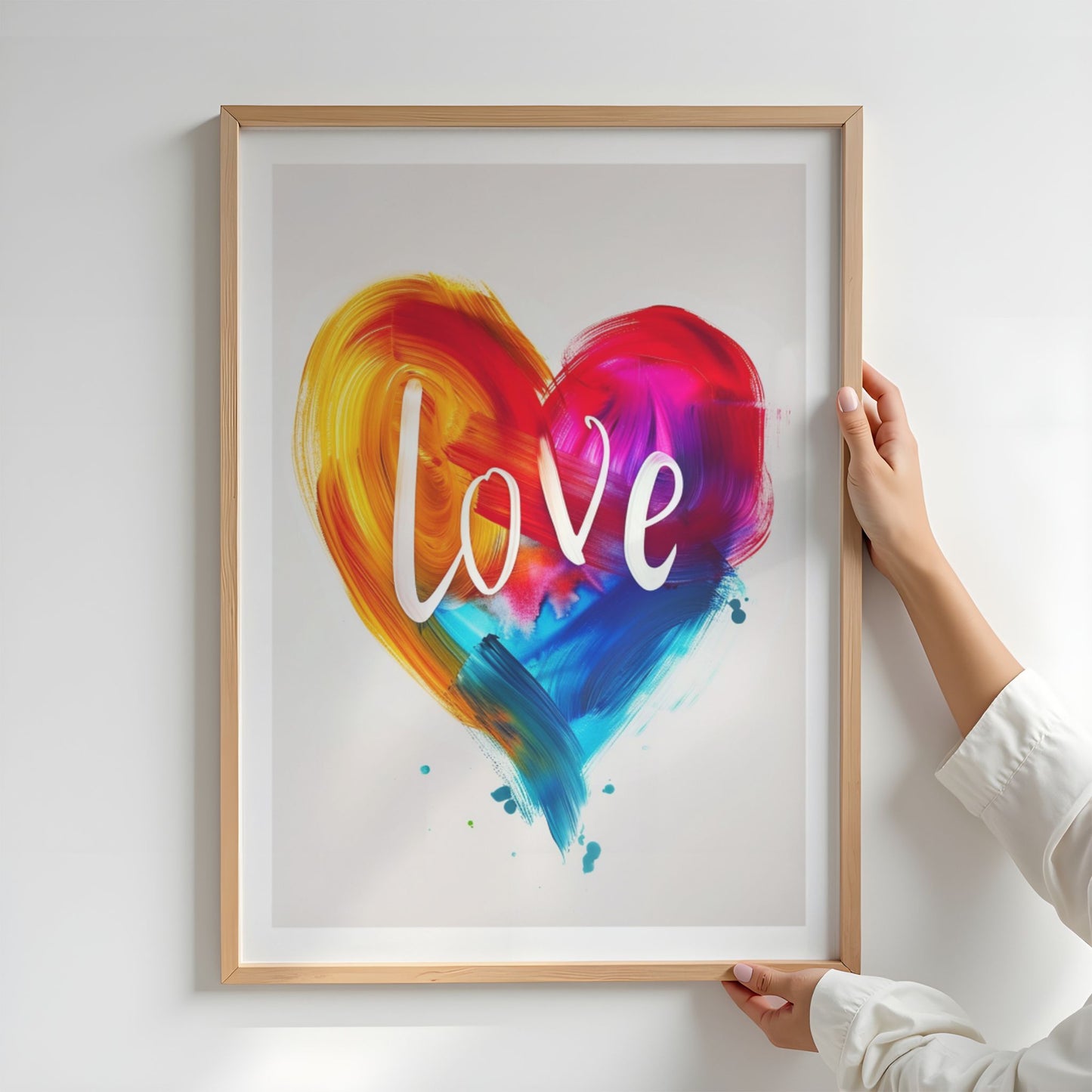 Love in Color hjerteplakat i eikeramme med fargerikt kjærlighetsmotiv