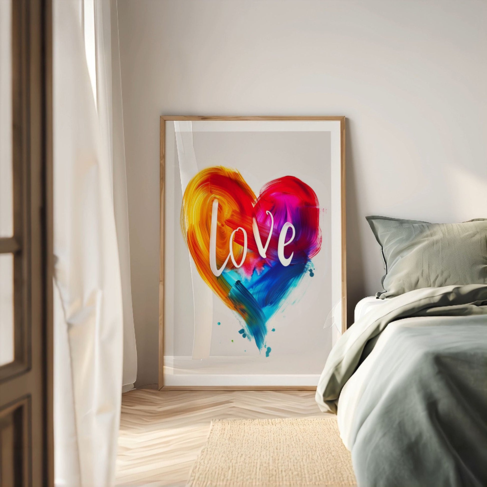 Love in Color plakat med fargerikt hjertemotiv i lyst soverom