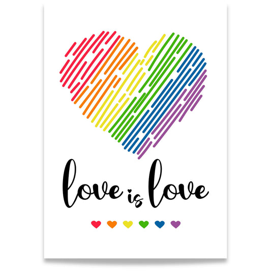 Love is Love Heart plakat med grafisk regnbuehjerte og teksten Love is Love