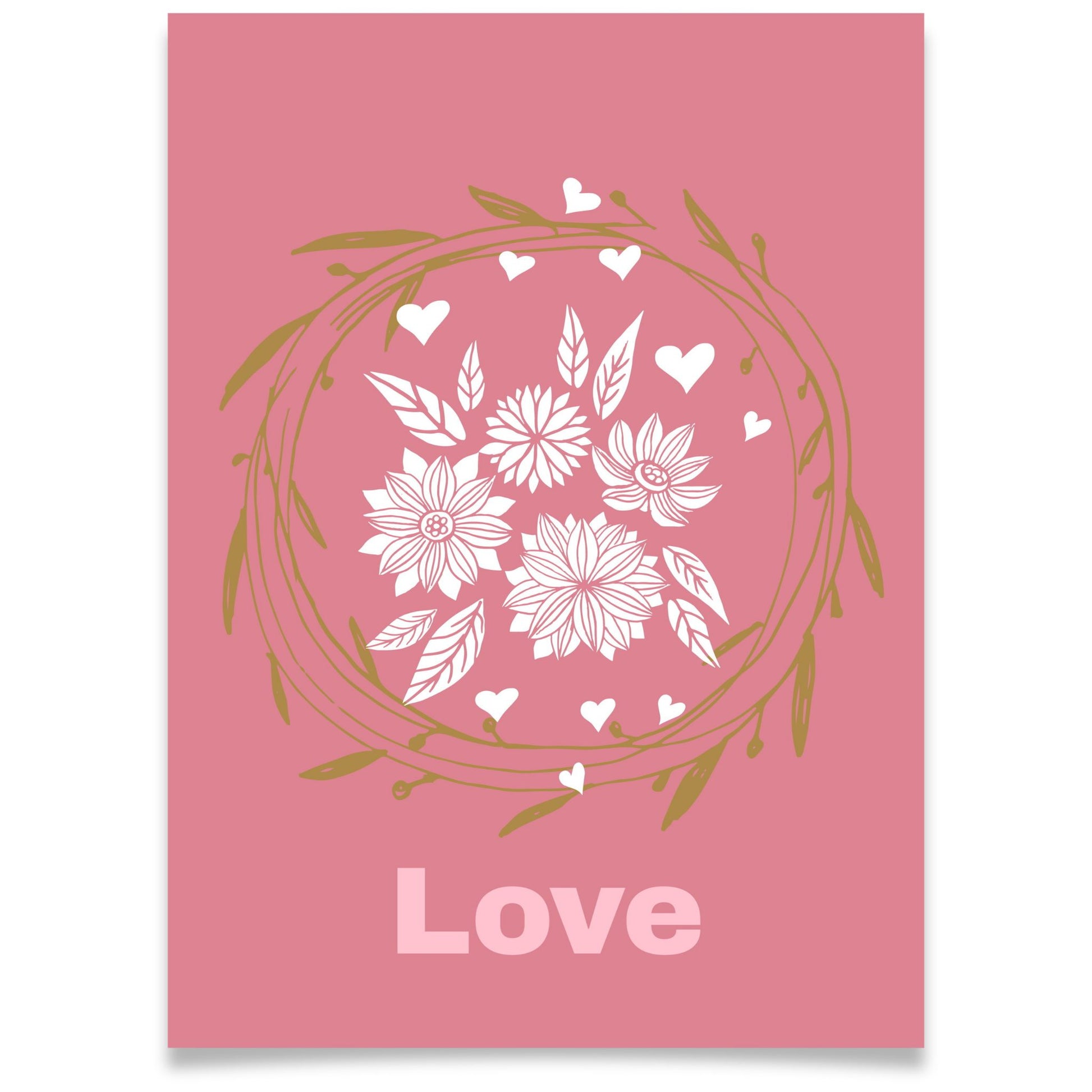 Kjærlighetskort med teksten Love, dekorativ blomsterkrans, blomster og små hjerter i hvitt og gylne toner på rosa bakgrunn.