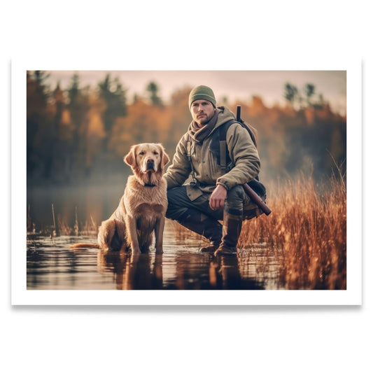 Digital jaktkunst med jeger og retriever ved vannkanten.