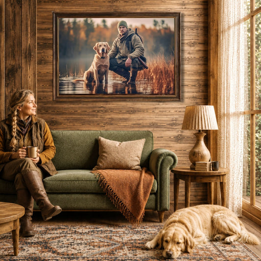 Loyal Companion plakat vist i rustikk stue.