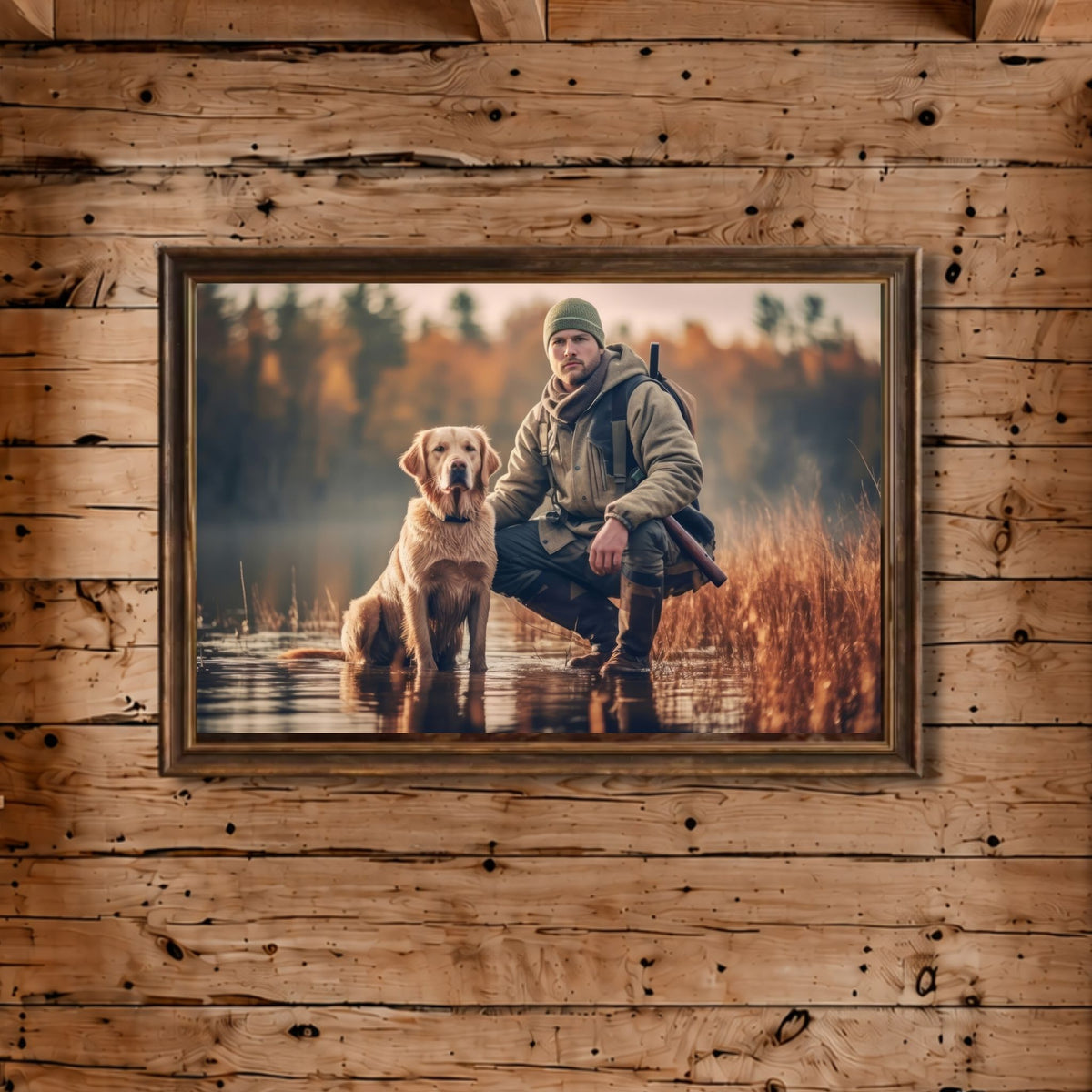 Digital jaktkunst med retriever på trevegg.