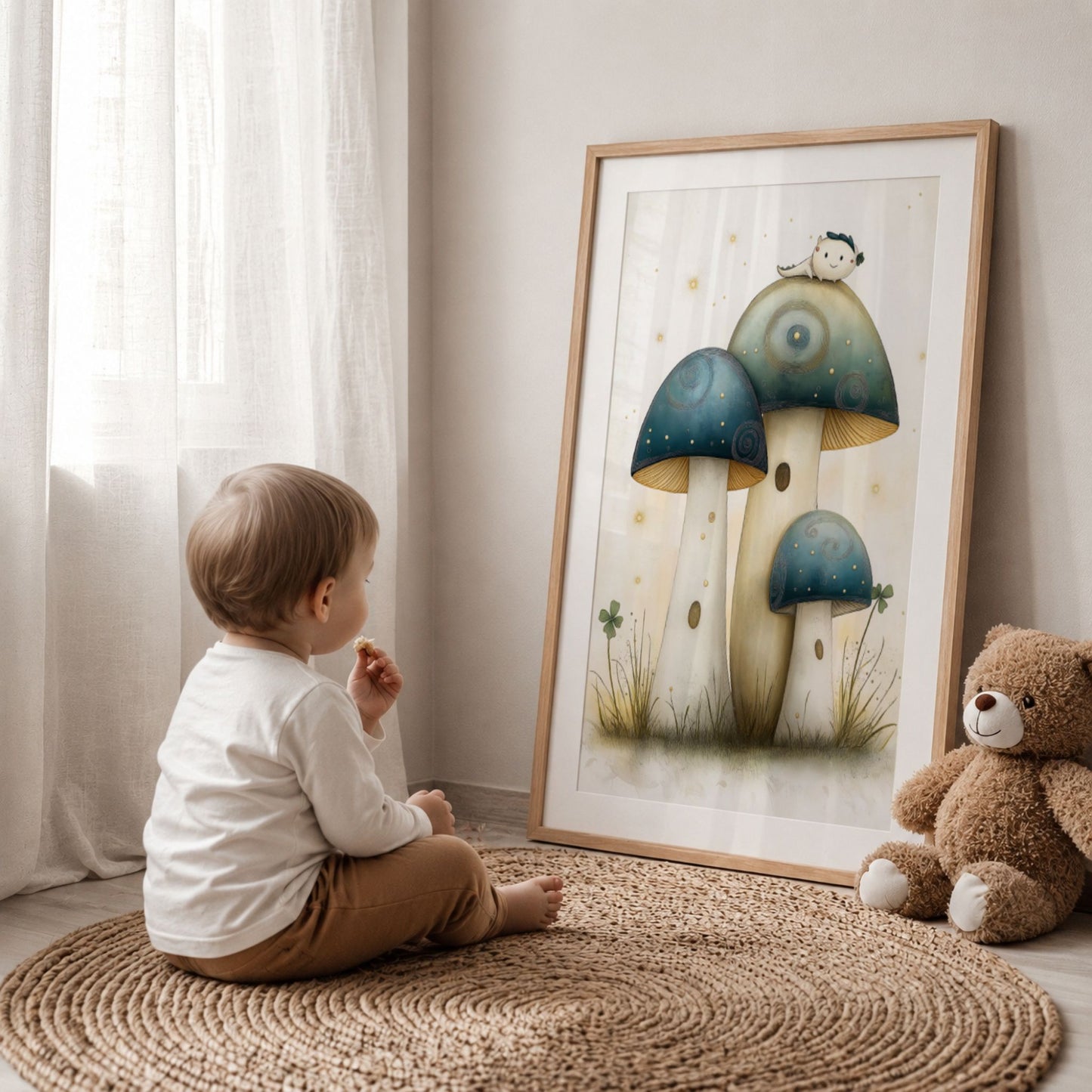 Magiske Soppeventyr plakat i eikeramme lent mot veggen mens et lite barn sitter og ser på motivet.