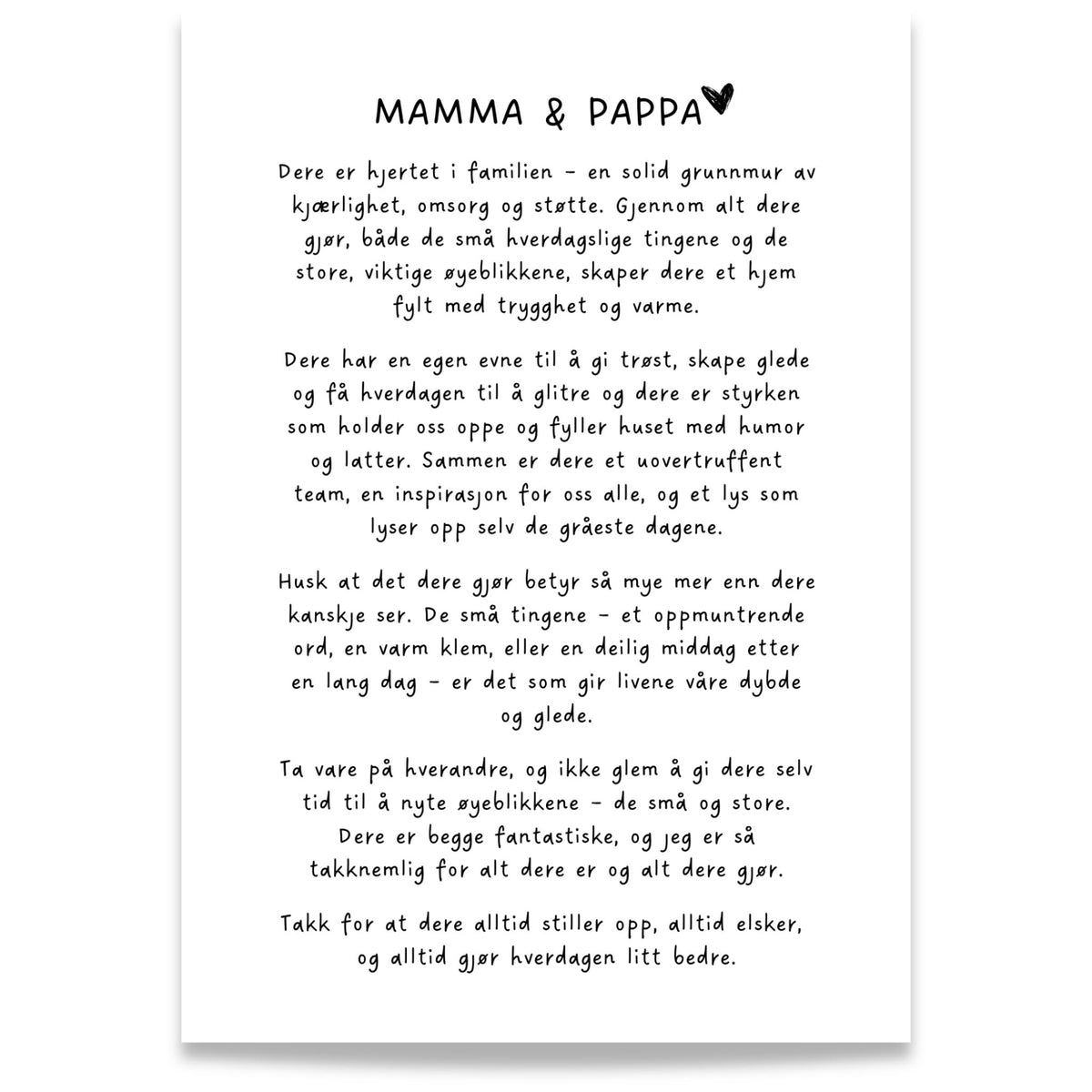 Mamma og pappa - nøytral hvit gaveplakat med kjærlige ord. Digitalt produkt.