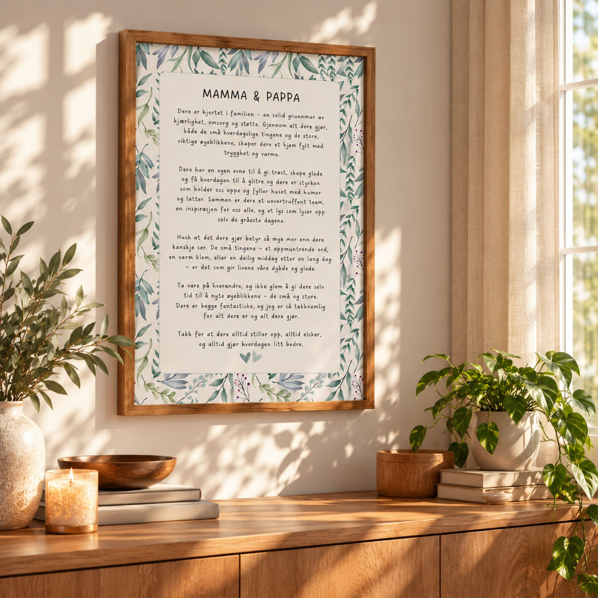 Innrammet Mamma og pappa-plakat med grønt bladverk over skjenk i lys stue. Digitalt produkt.