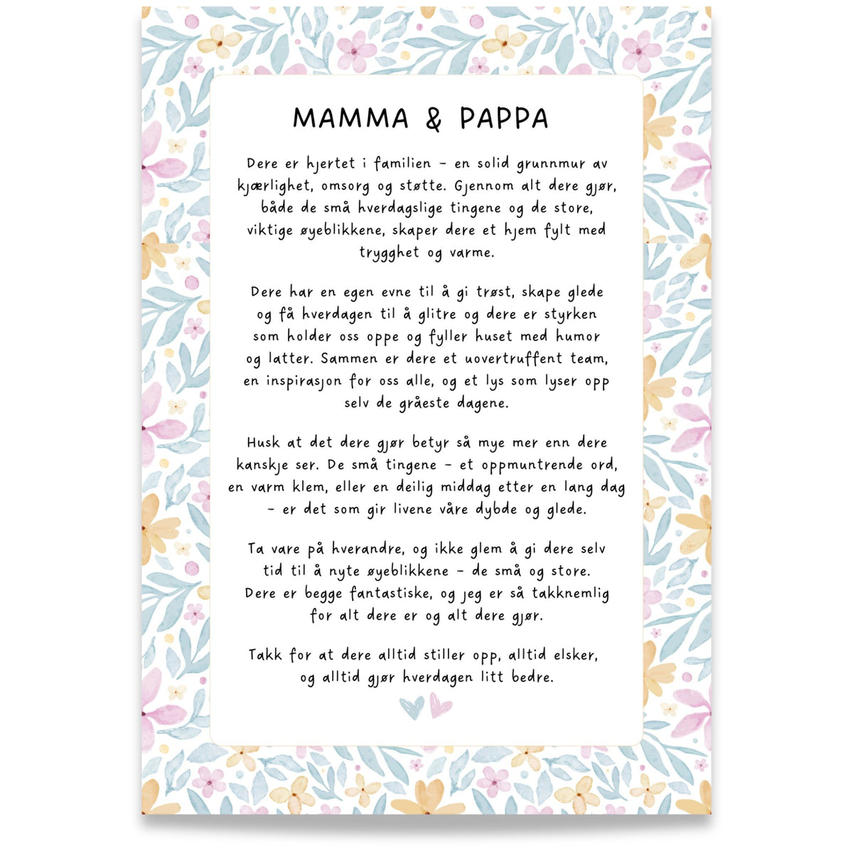 mamma og pappa – gaveplakat med kjærlige ord, rosa og gule blomster og blågrønne blader