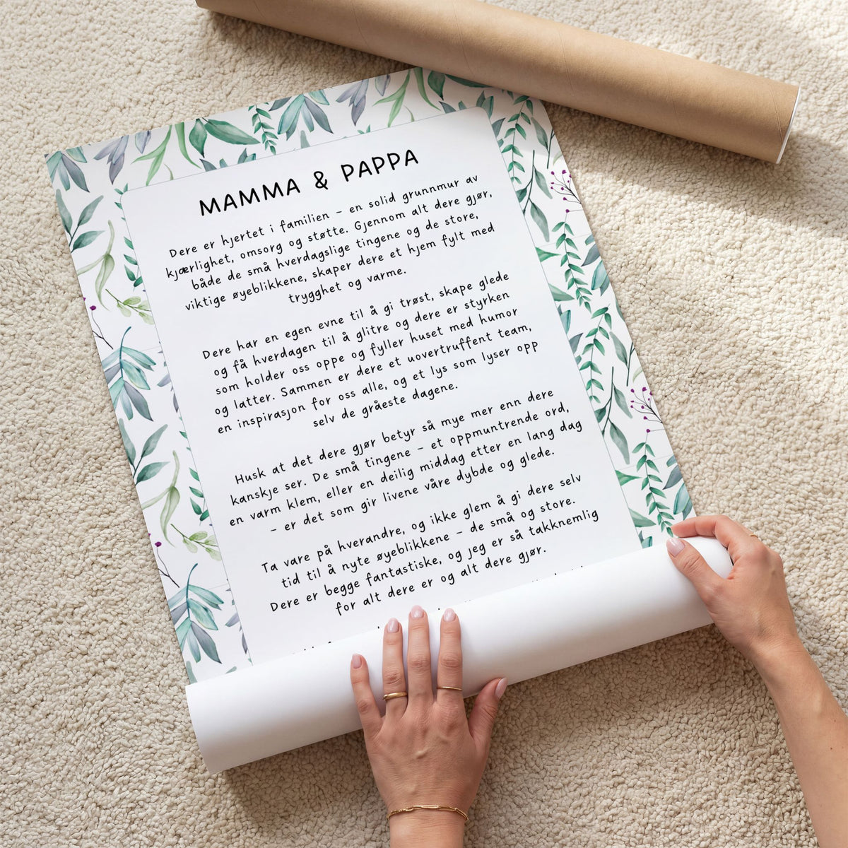 Hender som ruller sammen Mamma og pappa-plakat med botanisk mønster