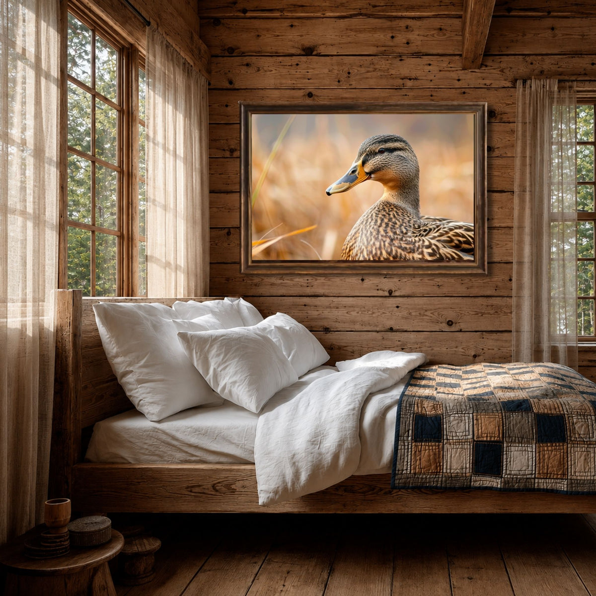 Marshland Beauty plakat over seng i tømmerhytte.