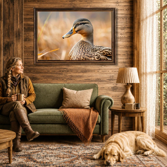 Marshland Beauty plakat vist i rustikk stue.