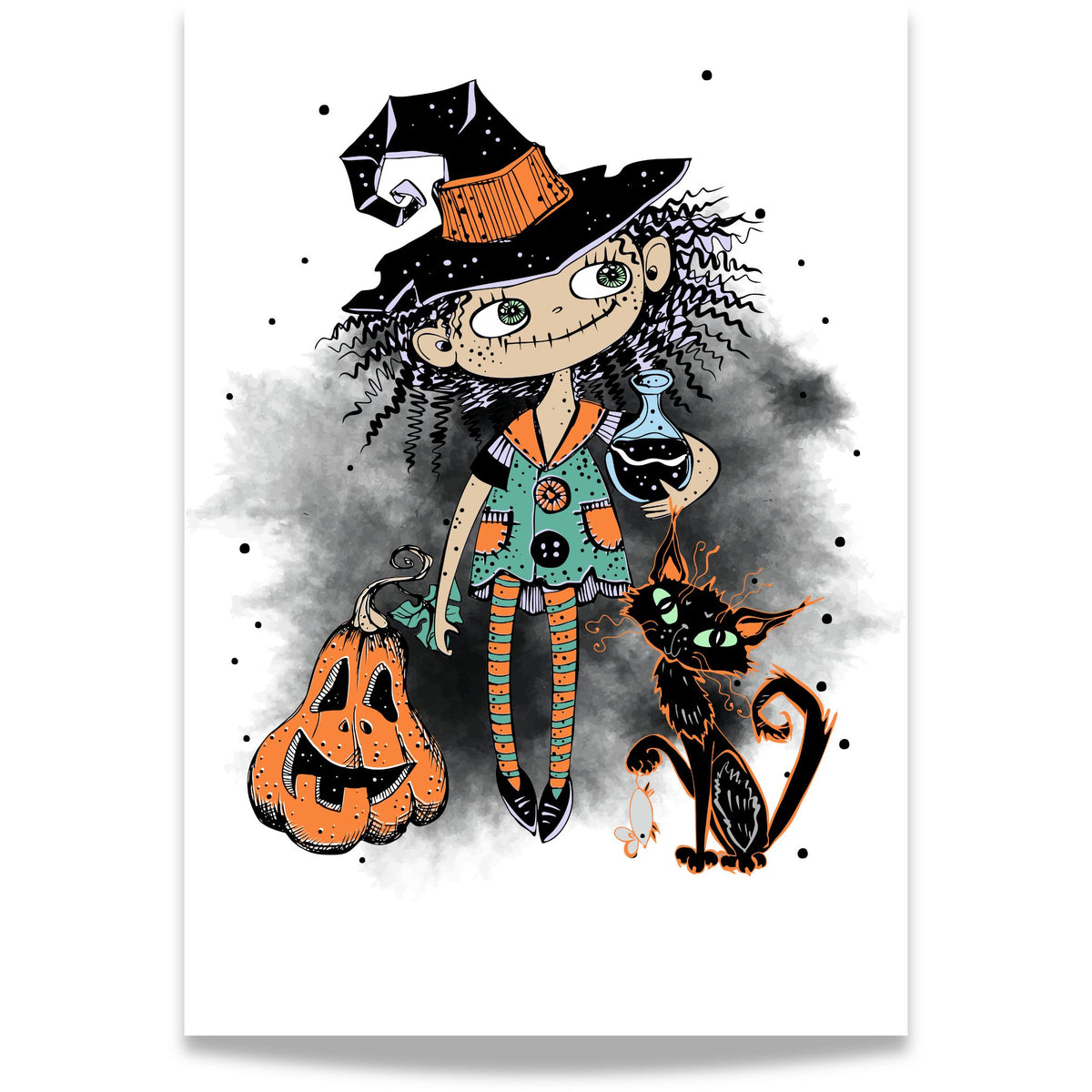 Midnight Mischief Halloween-plakat med heks, svart katt og gresskar