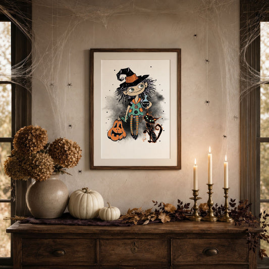 Midnight Mischief Halloween-plakat i stemningsfullt høstinteriør med gresskar og levende lys