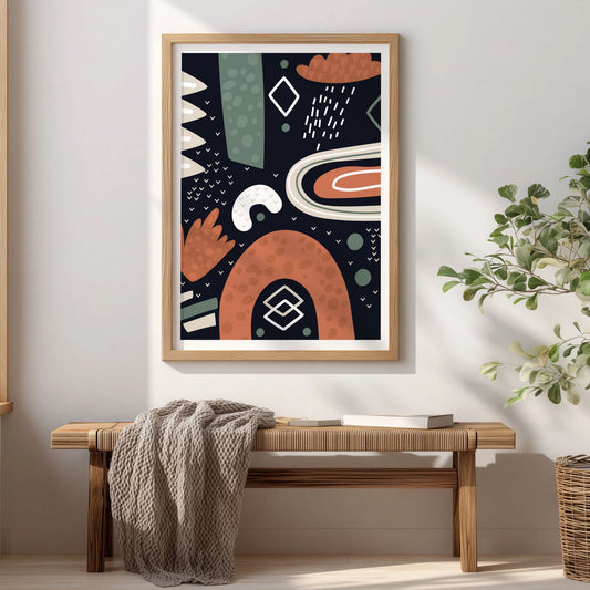 Midnight Rhythm grafisk plakat i eikeramme over trebenk i lyst nordisk interiør