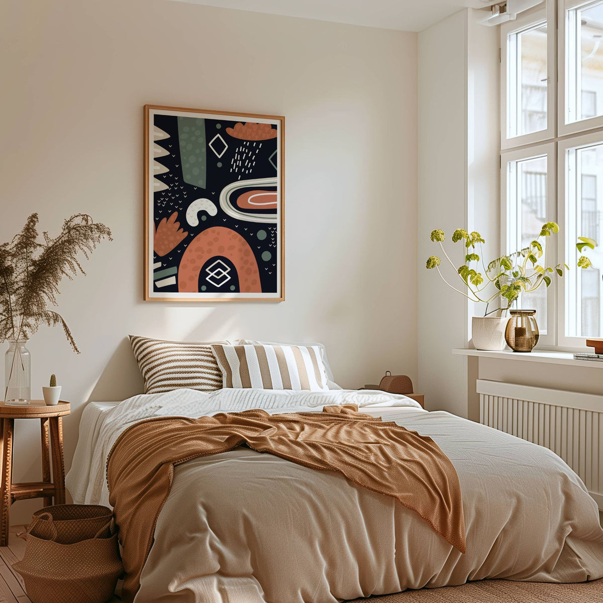 Midnight Rhythm mørk grafisk plakat i eikeramme på veggen i lyst soverom