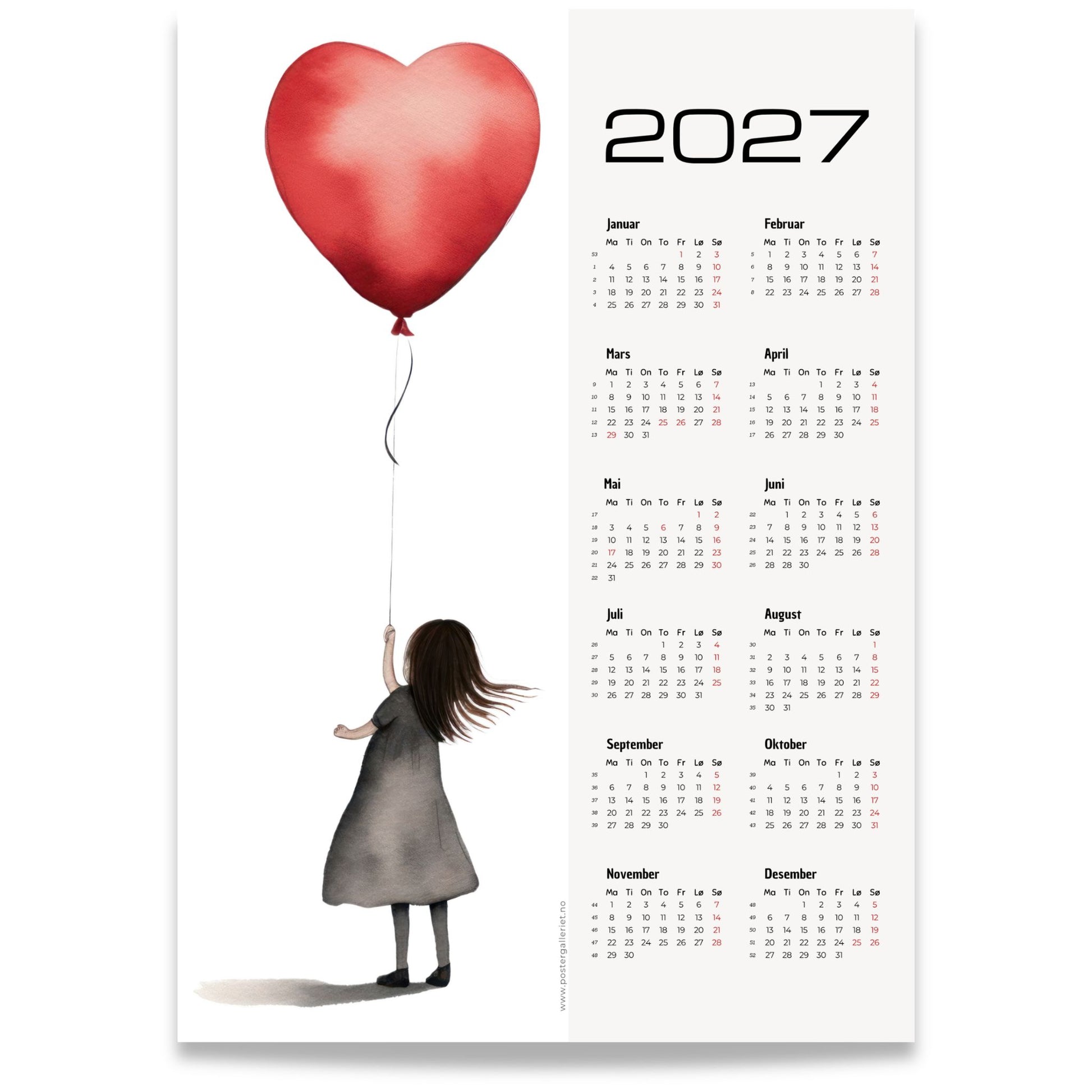 Kalender 2027 med minimalistisk motiv av jente med rød hjerteballong og årsoversikt.