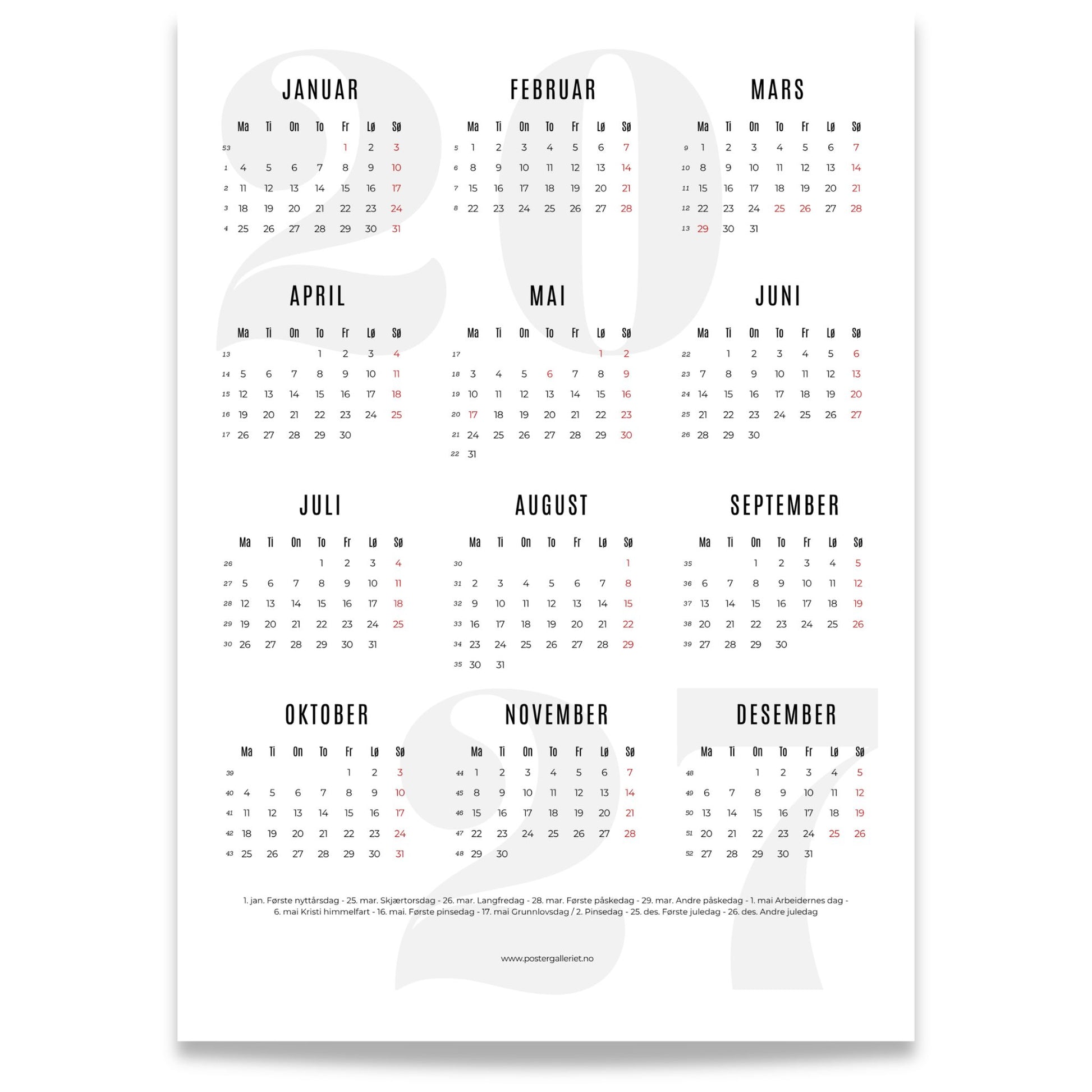 Minimalistisk årskalender 2027 i grå farge med alle årets måneder.
