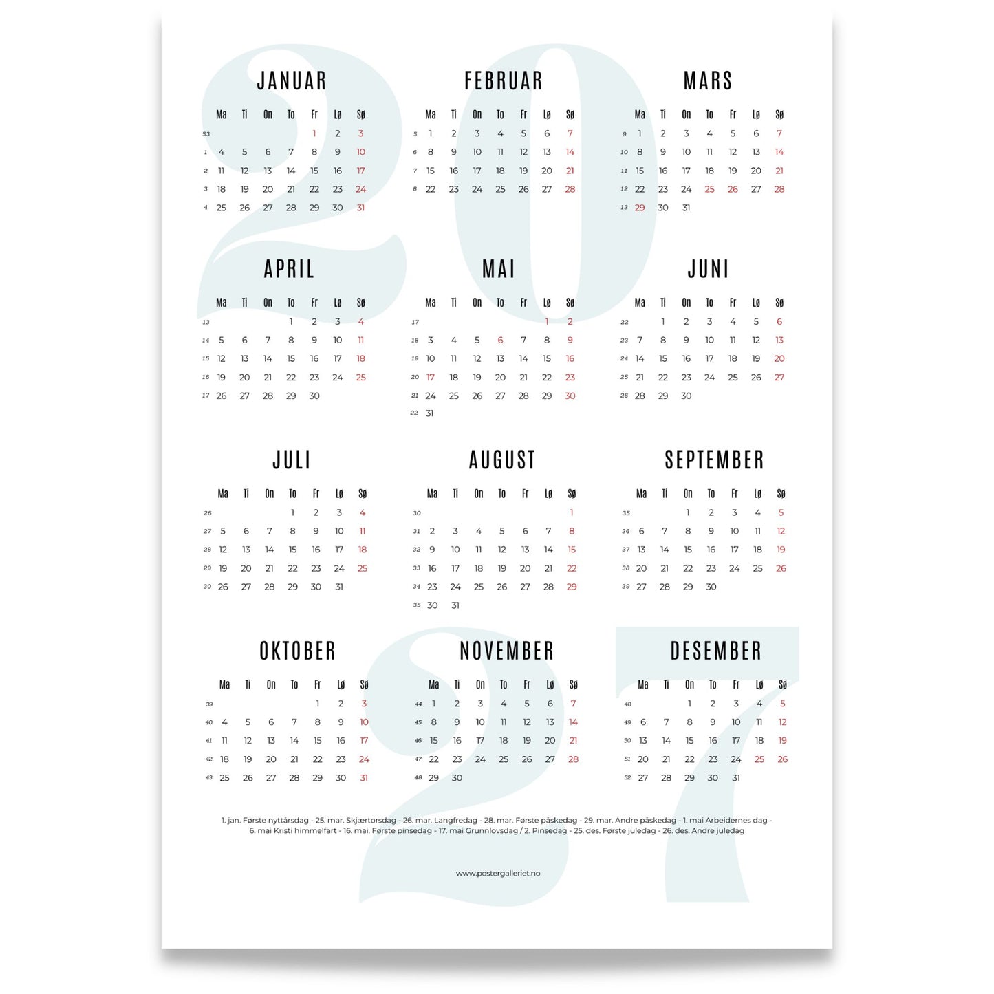 Minimalistisk årskalender 2027 i grønn farge med alle årets måneder