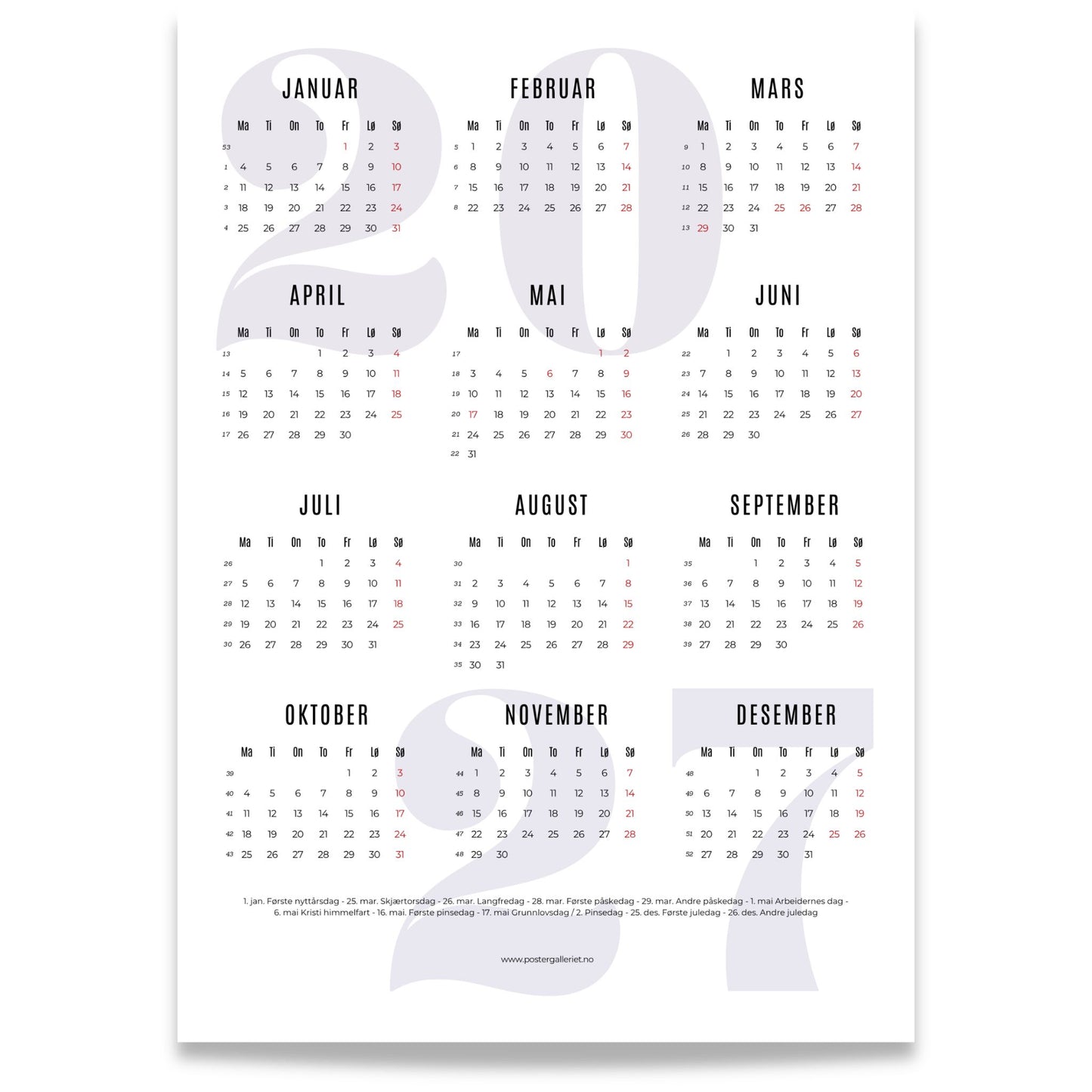 Minimalistisk årskalender 2027 i lilla farge med alle årets måneder
