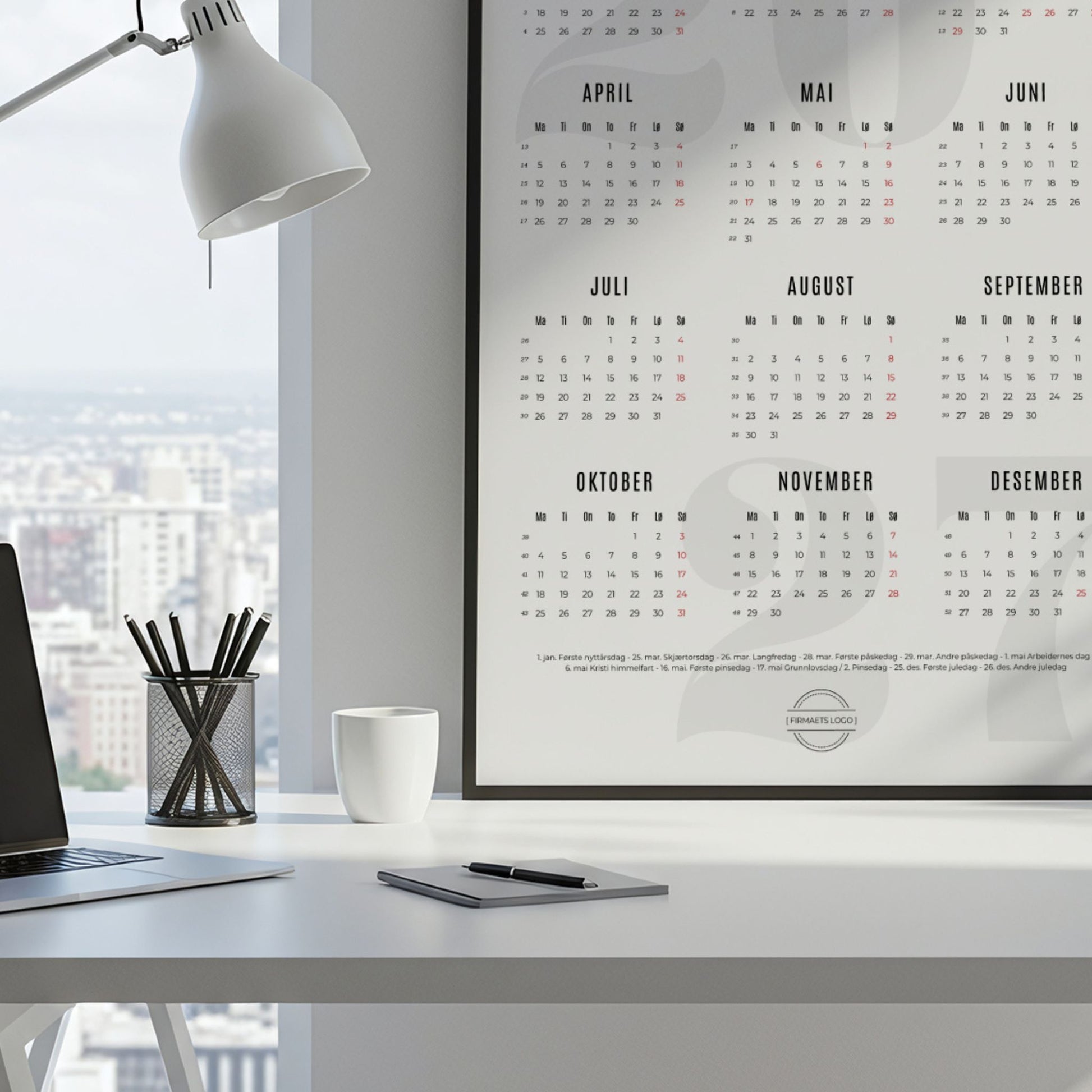 Minimalistisk kalender 2027 med plassering av firmalogo nederst