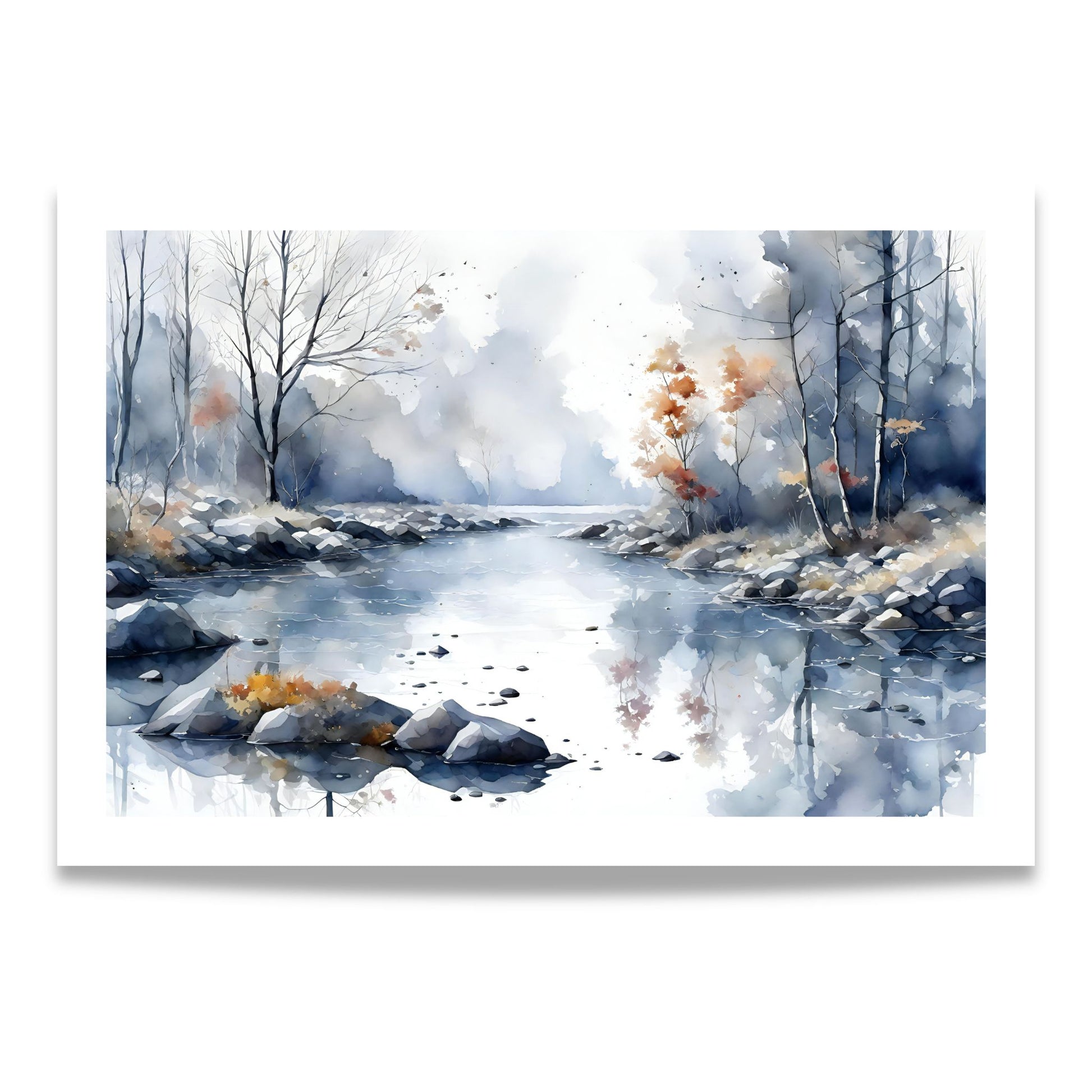 Misty River Bend horisontal plakat med stille elvelandskap i blå og beige akvarelltoner