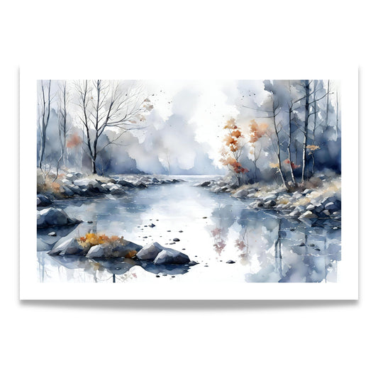 Misty River Bend horisontal plakat med stille elvelandskap i blå og beige akvarelltoner