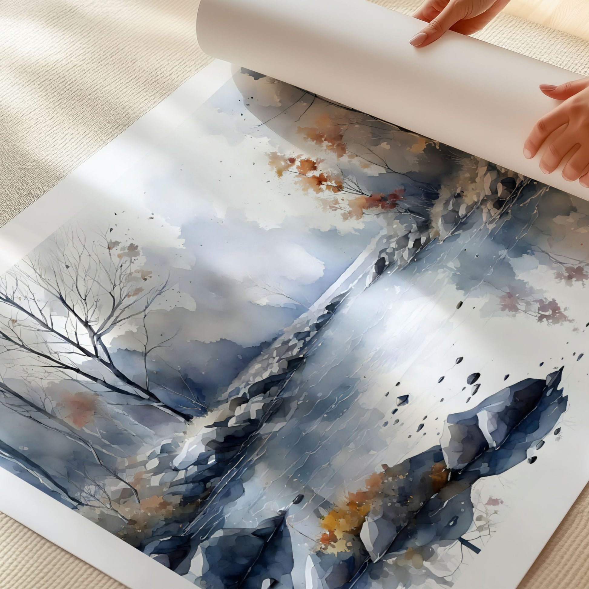 Misty River Bend horisontal plakat vist som kunsttrykk på matt kvalitetspapir