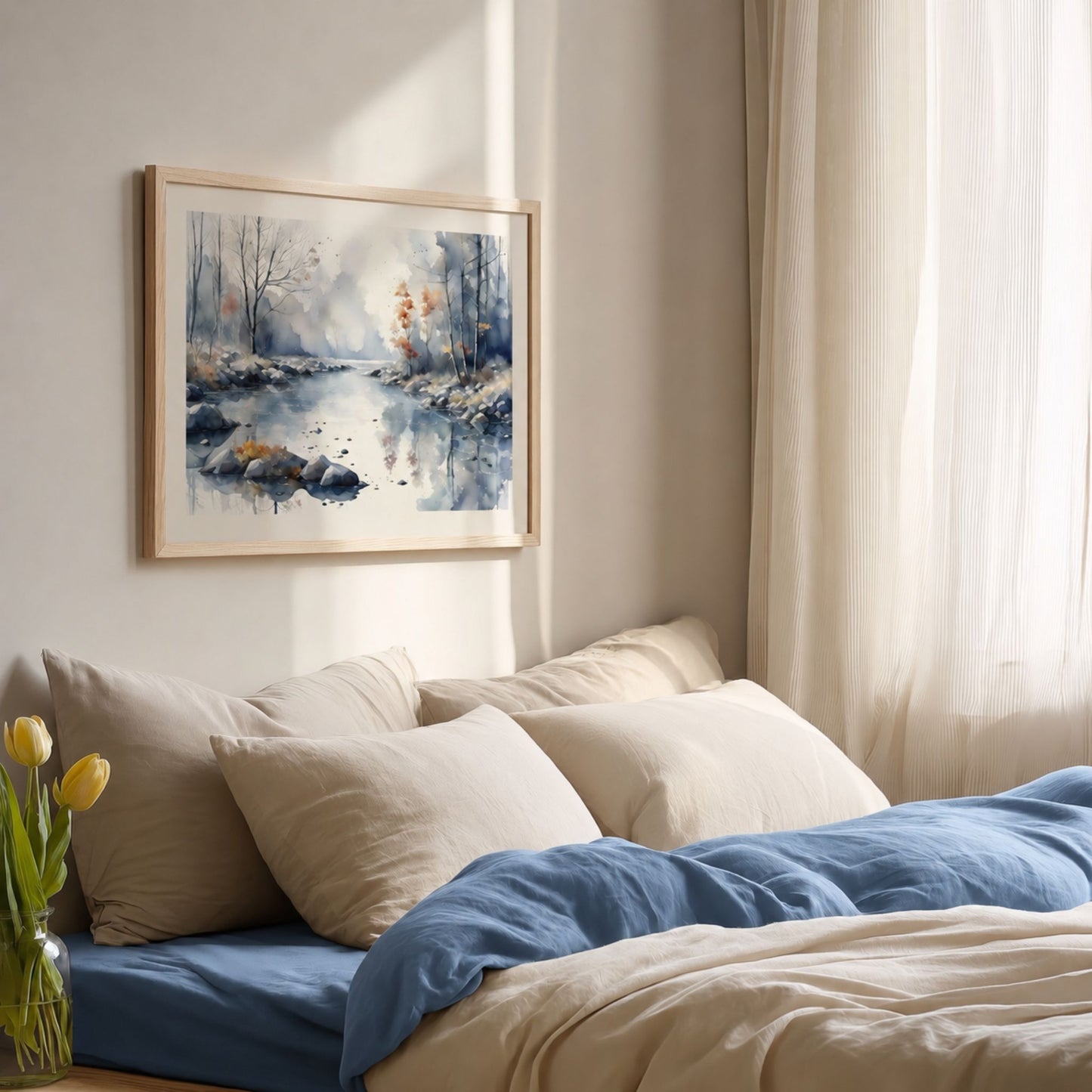 Misty River Bend horisontal plakat over seng i rolig nordisk soverom