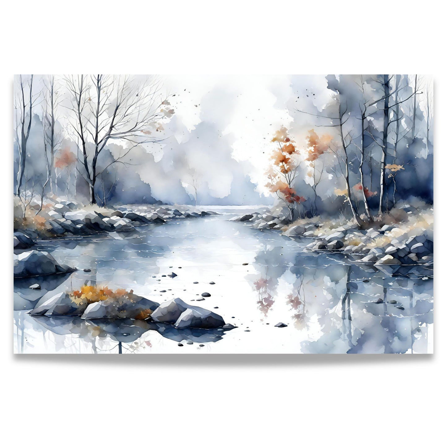 Misty River Bend lerret med stille elvelandskap i myke akvarelltoner